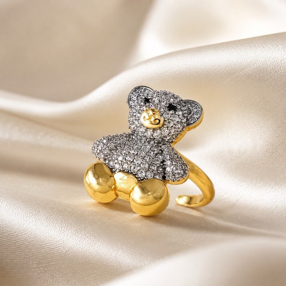Teddy Bear Gold Ring Sz 6 Silver Pave Boho Retro Whimsical Statement - Picture 3 of 9